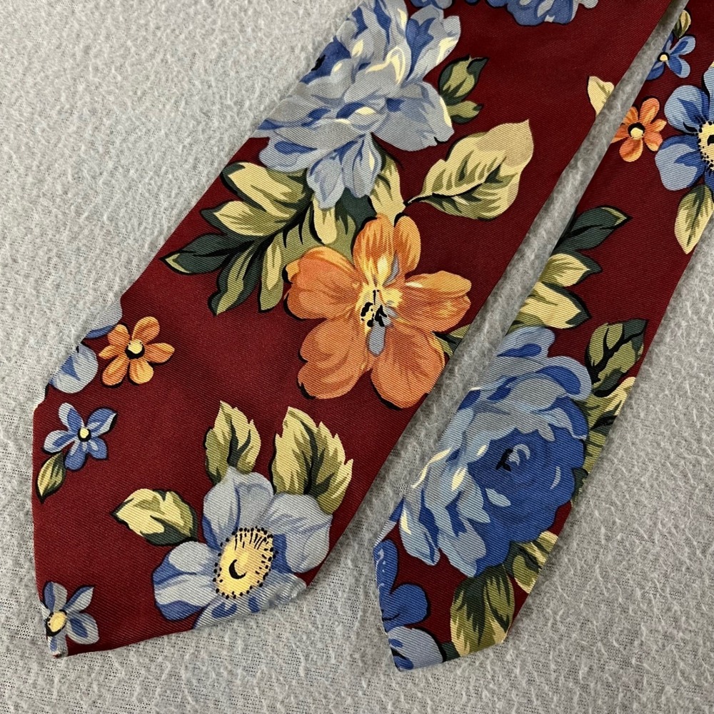 Hugo Boss Mens Silk Tie Burgundy Blue Orange Floral Made in Italy Wide Necktie